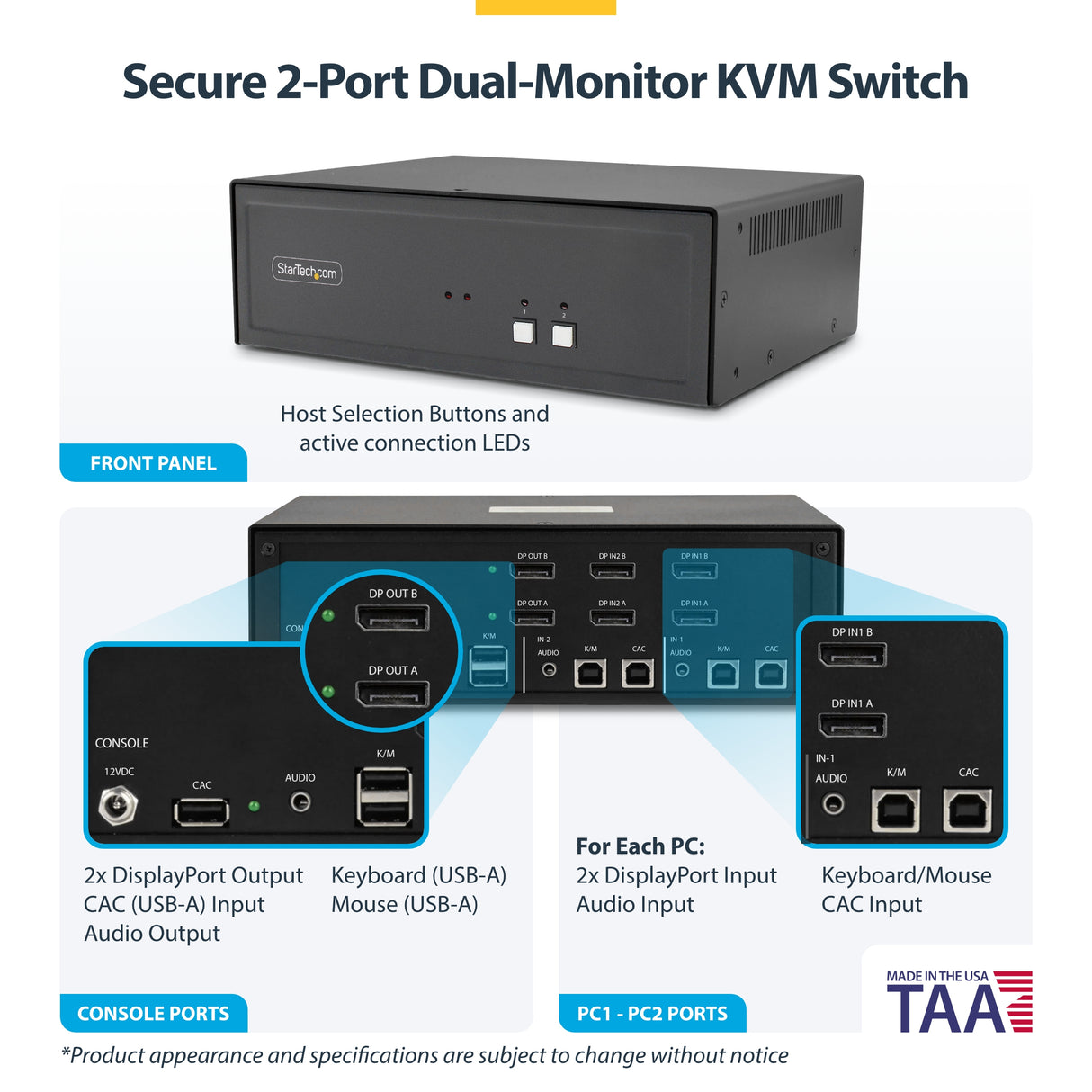 StarTech.com Secure 2-Port Dual-Monitor KVM Switch, DisplayPort, 4K 60Hz, NIAP 4.0 Desktop KVM, CAC, Metal Housing, Made in the USA