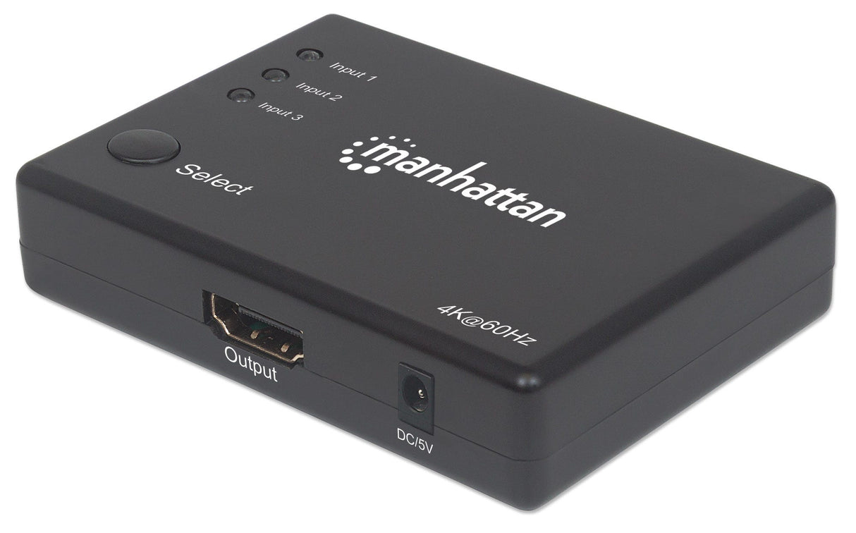Manhattan HDMI Switch 3-Port (Compact), 4K@60Hz, Connects x3 HDMI sources to x1 display, Remote Control and Manual Switching (via button), AC Powered (cable 1.2m), Black, Three Year Warranty, Blister (With Euro 2-pin plug)