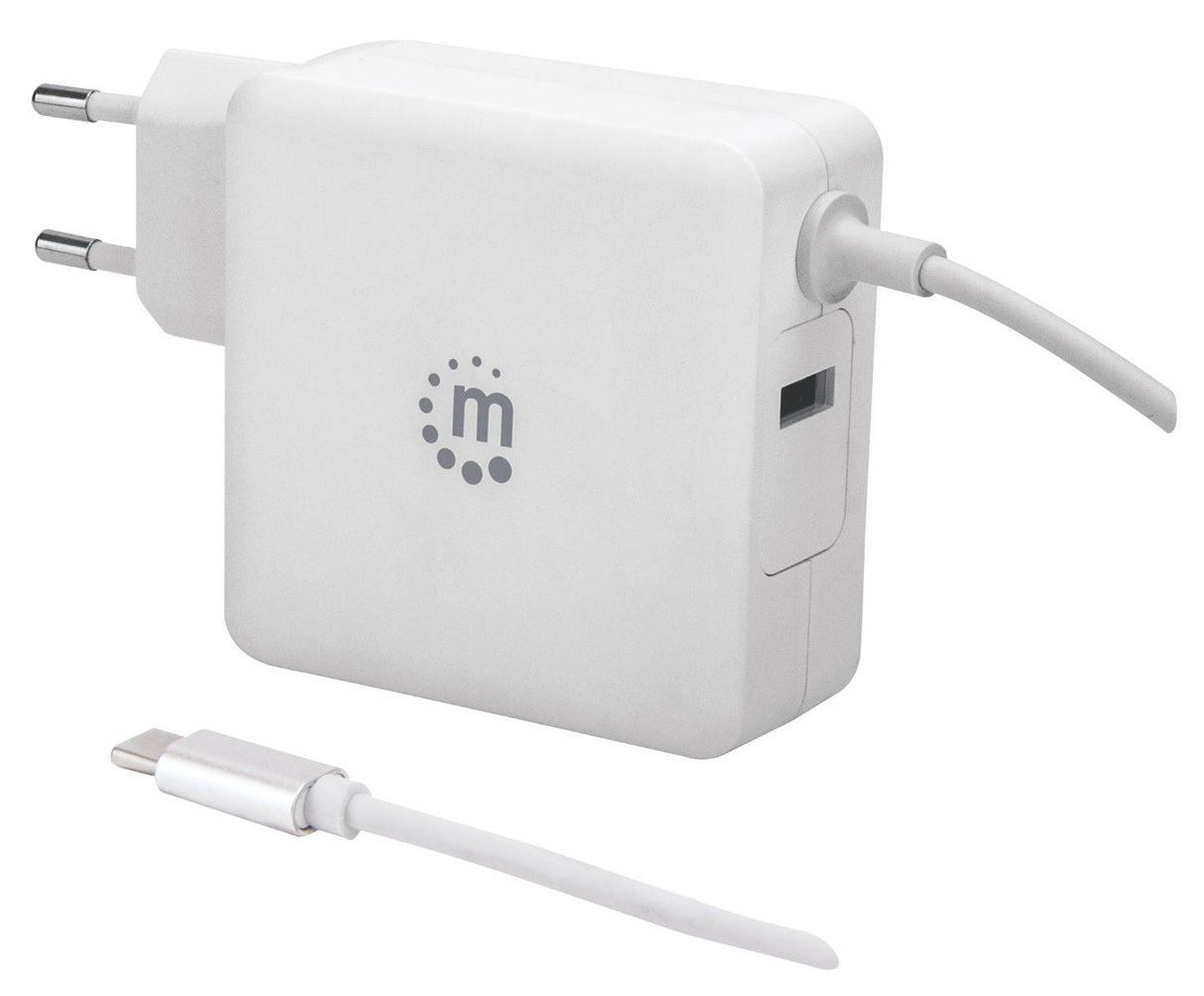 Manhattan Wall/Power Mobile Device Charger (Euro 2-pin), USB-C and USB-A ports, USB-C Output: 60W / 3A, USB-A Output: 2.4A, USB-C 1m Cable Built In, White, Phone Charger, Three Year Warranty, Box