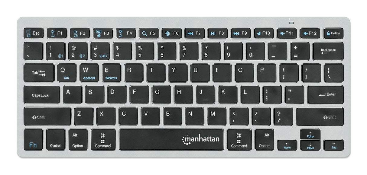Manhattan Ultra Slim Dual-Mode Wireless Keyboard, German Quertz layout, Bluetooth (v3.0) and Wireless (2.4GHz), 78 low profile scissor keys, Auto Power Management, Range 10m, USB-A Micro Receiver, AAA Battery (included), Windows and Mac, Three Year...