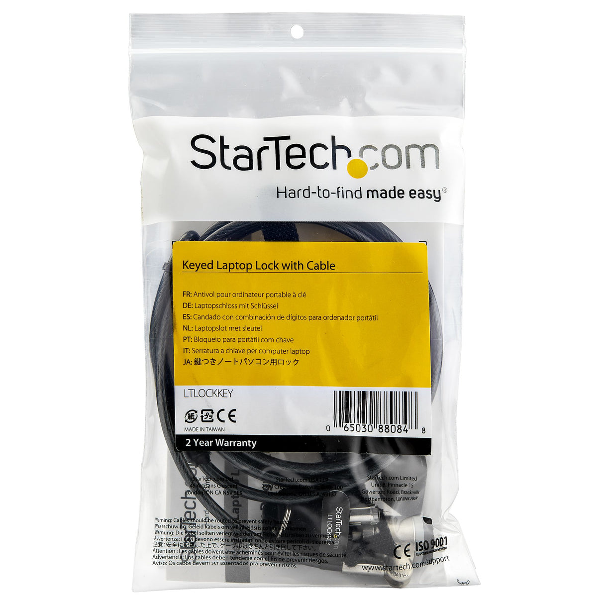 StarTech.com 6.6ft (2m) Laptop Cable Lock with Keys - Keyed Security Cable Lock for Compatible K-Slot Laptops, Desktops, Computers & Other Devices - Anti-Theft Vinyl Coated Steel Cable Lock - TAA