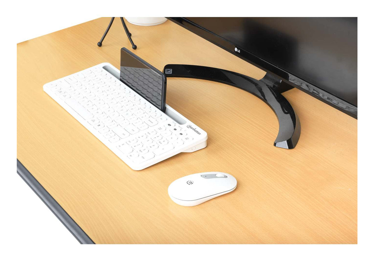 Manhattan Both Devices Support Bluetooth® 5.0 and 2.4 GHz Wireless, One Single USB-A Nano Receiver for Both, Sleek Wireless Keyboard with 12 Multimedia/Function Keys, Ambidextrous Optical Mouse with Three Buttons and Scroll Wheel, 1200 dpi, White
