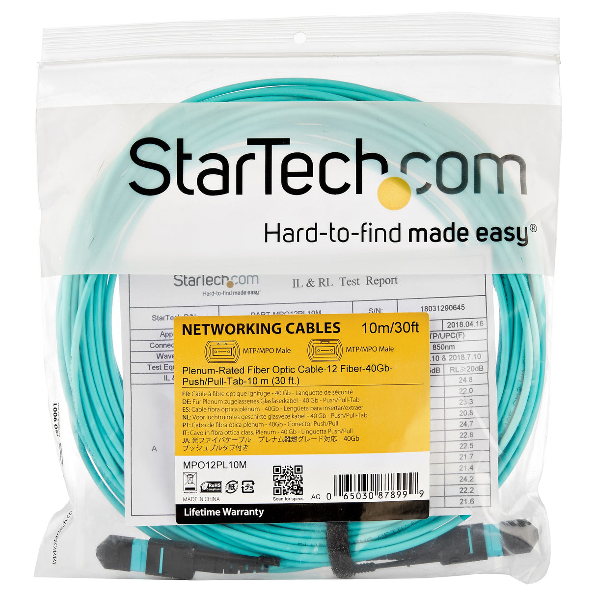 StarTech.com 10m (30ft) MTP(F)/PC OM3 Multimode Fiber Optic Cable, 12F Type-A, OFNP Plenum, 50/125µm LOMMF, 40G Networks, Low Insertion Loss, MPO Fiber Jumper Cord