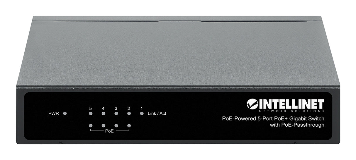 Intellinet 5-Port Gigabit Switch with PoE Passthrough, 4 x PSE PoE ports, 1 x PD PoE port, IEEE 802.3at/af Power-over-Ethernet (PoE+/PoE), IEEE 802.3az Energy Efficient Ethernet, Desktop