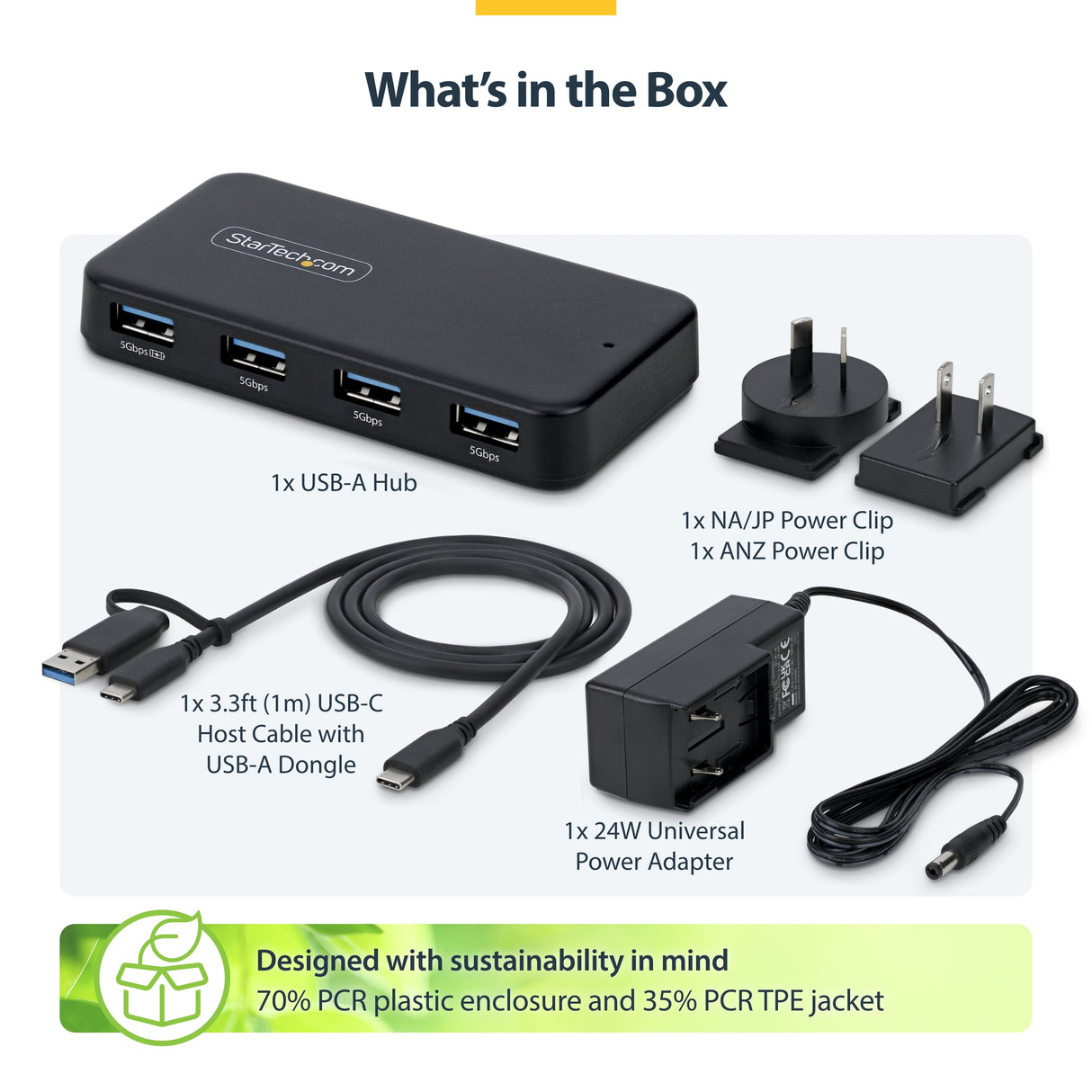 StarTech.com 4-Port USB-A Hub, 5Gbps, Self-Powered, 2-in-1 USB-C and USB-A Host Cable, 1x BC 1.2 Charging Port, 24W Power Adapter Included, MacBook and Windows