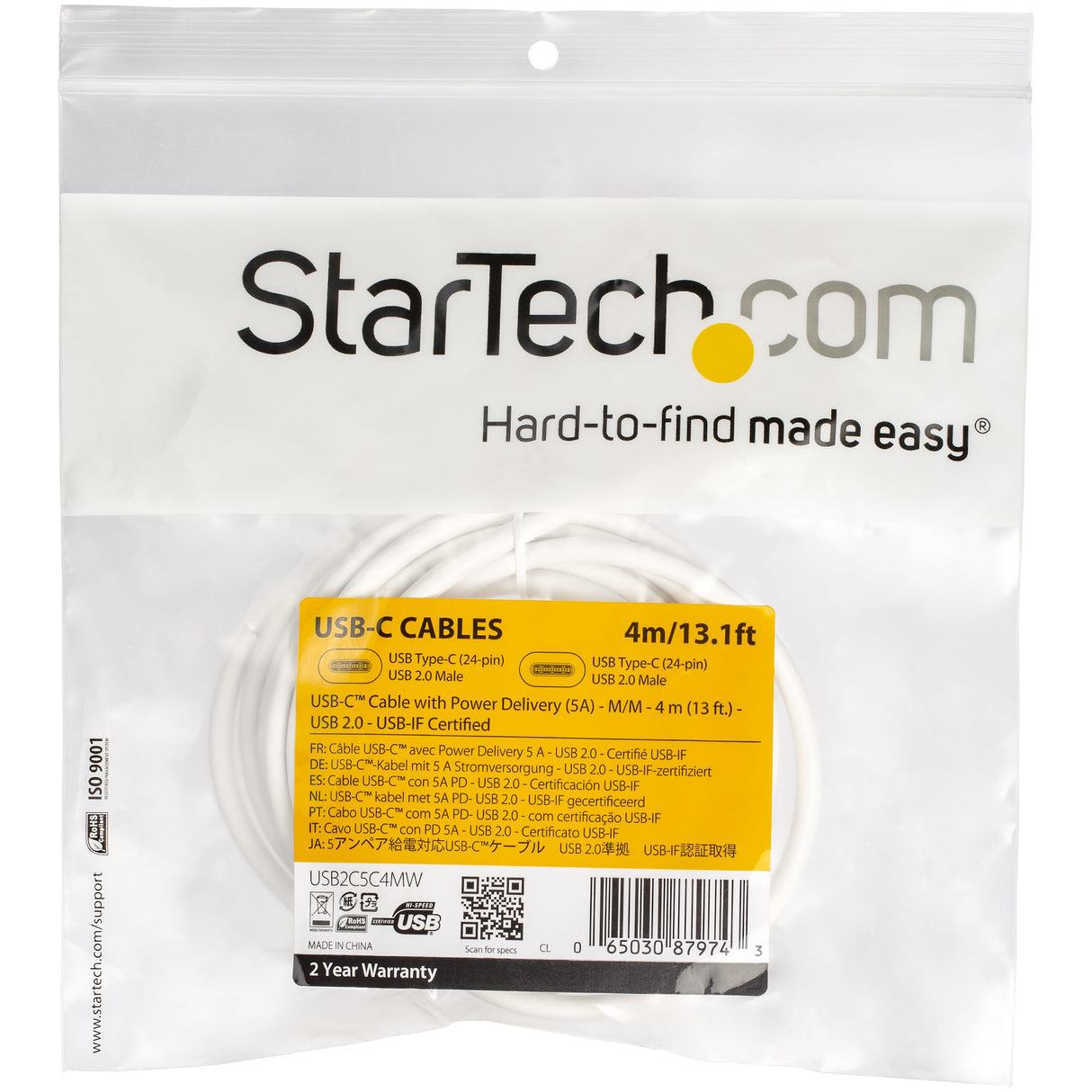 StarTech.com 13ft (4m) USB-C Fast Charging Cable, Charge & Sync, 100W (5A) PD, USB 2.0, USB-IF Certified - White USB C Charging Cord