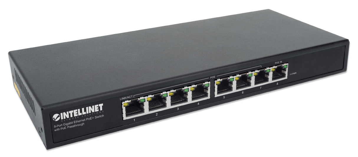 Intellinet 8-Port Gigabit Ethernet PoE+ Switch with PoE Passthrough, 1x Ultra PoE++ IEEE 802.3bt (4PPoE) PD PoE Port with 90 W Power Input, 7x PSE PoE Ports, PoE Power Budget up to 85W, IEEE 802.3at/af Compliant, Rackmount