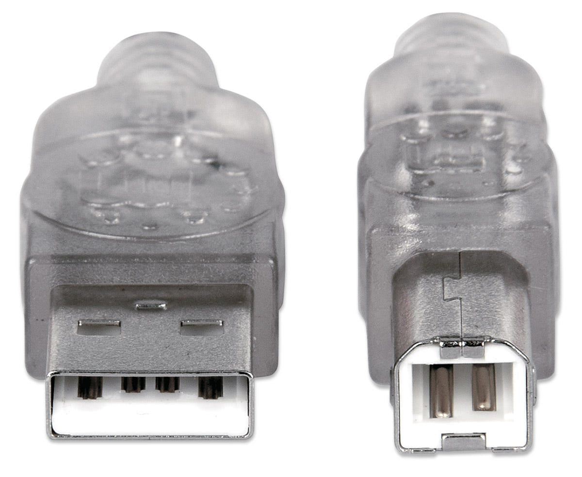 Manhattan USB-A to USB-B Cable, 3m, Male to Male, Translucent Silver, 480 Mbps (USB 2.0), Hi-Speed USB, Lifetime Warranty, Equivalent to USB2AA2M (except colour).