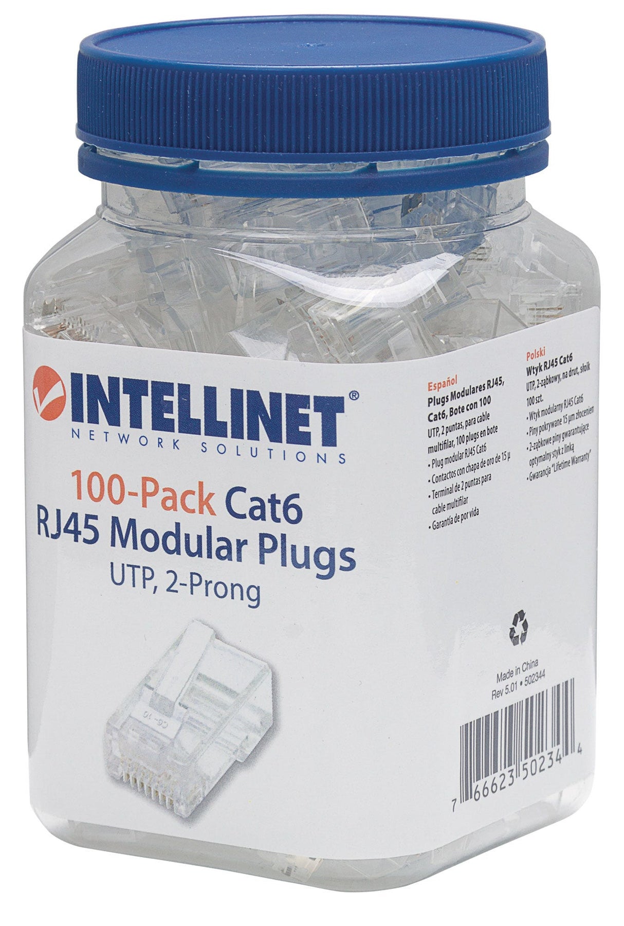Intellinet RJ45 Modular Plugs, Cat6, UTP, 2-prong, for stranded wire, 15 µ gold plated contacts, 100 pack