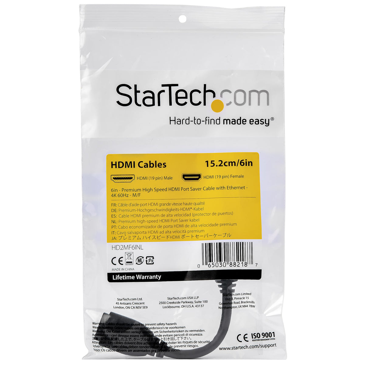 StarTech.com 6in (15cm) HDMI Port Saver Cable - 4K 60Hz High Speed HDMI 2.0 Extension Cable with Ethernet - Short HDMI Extension Cable - HDMI Male to Female Extension Adapter Cord