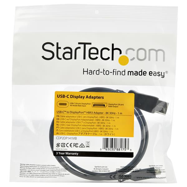 StarTech.com 3.3ft (1m) USB C to DisplayPort 1.4 Cable - 8K/5K/4K USB Type-C to DP 1.4 Alt Mode Video Adapter Converter - HBR3/HDR/DSC - 8K 60Hz DP Monitor Cable - USB-C/Thunderbolt