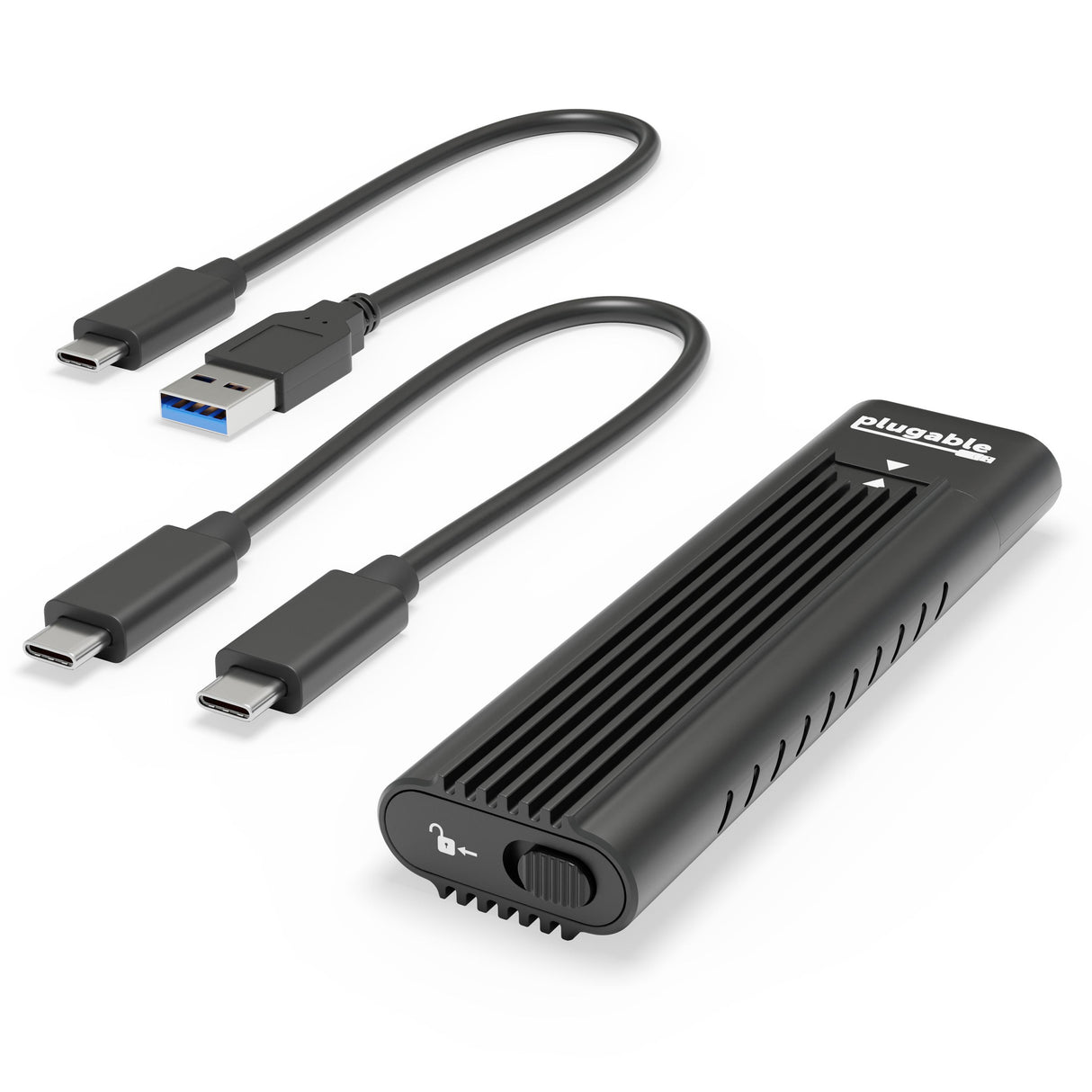 Plugable Technologies USB-C M.2 NVMe SSD Enclosure; Tool-Free & Driverless. USB 3 Type-C, including Thunderbolt and USB4, at 10Gbps. For M.2 NVMe SSDs 2230 to 2280 PCIe Gen 3 and 4. USB C and USB A cables included