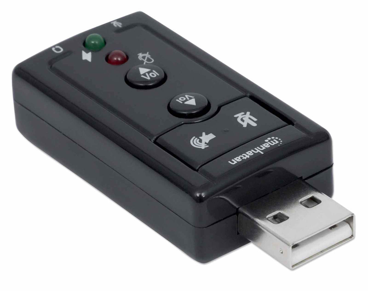 Manhattan USB-A Sound Adapter, USB-A to 3.5mm Mic-in and Audio-Out ports, 480 Mbps (USB 2.0), 7.1-Channel Virtual 3D Surround Sound, Internal Amplifier and Volume Controls, Hi-Speed USB, Three Year Warranty, Equivalent to ICUSBAUDIO7.