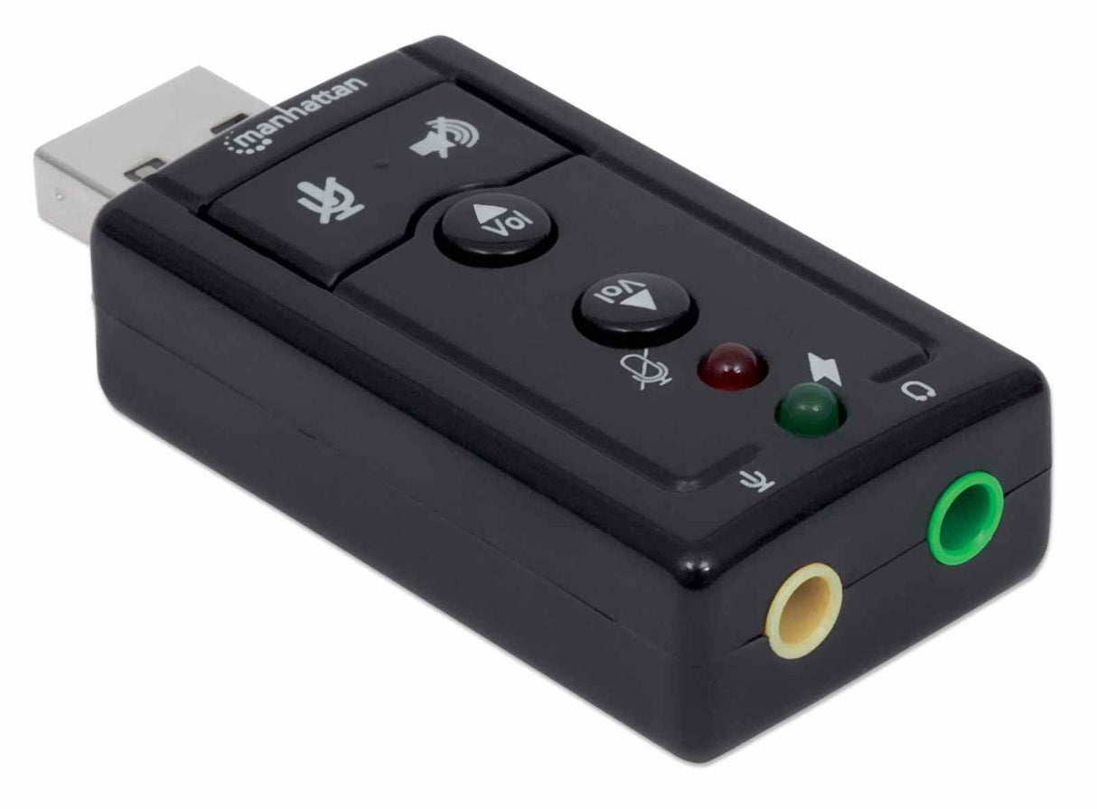 Manhattan USB-A Sound Adapter, USB-A to 3.5mm Mic-in and Audio-Out ports, 480 Mbps (USB 2.0), 7.1-Channel Virtual 3D Surround Sound, Internal Amplifier and Volume Controls, Hi-Speed USB, Three Year Warranty, Equivalent to ICUSBAUDIO7.