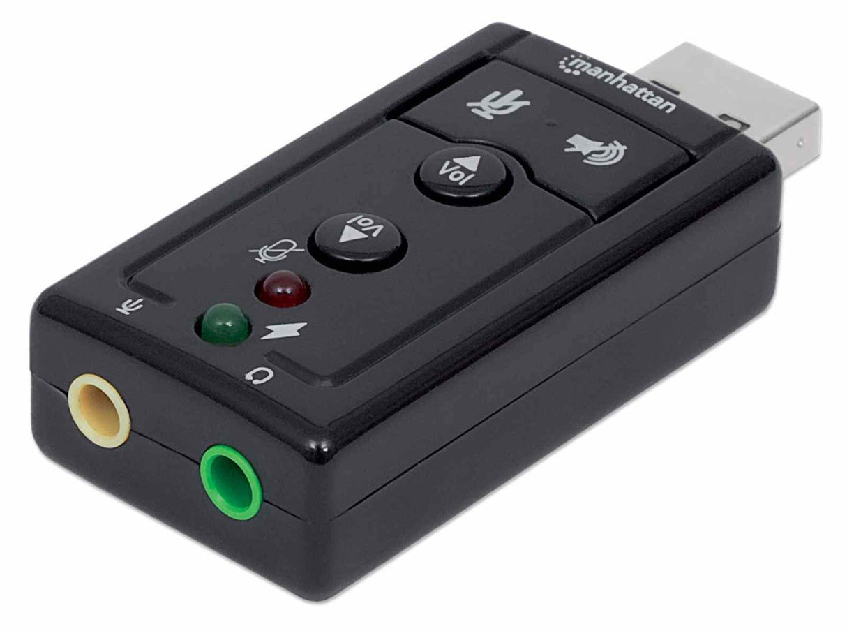 Manhattan USB-A Sound Adapter, USB-A to 3.5mm Mic-in and Audio-Out ports, 480 Mbps (USB 2.0), 7.1-Channel Virtual 3D Surround Sound, Internal Amplifier and Volume Controls, Hi-Speed USB, Three Year Warranty, Equivalent to ICUSBAUDIO7.