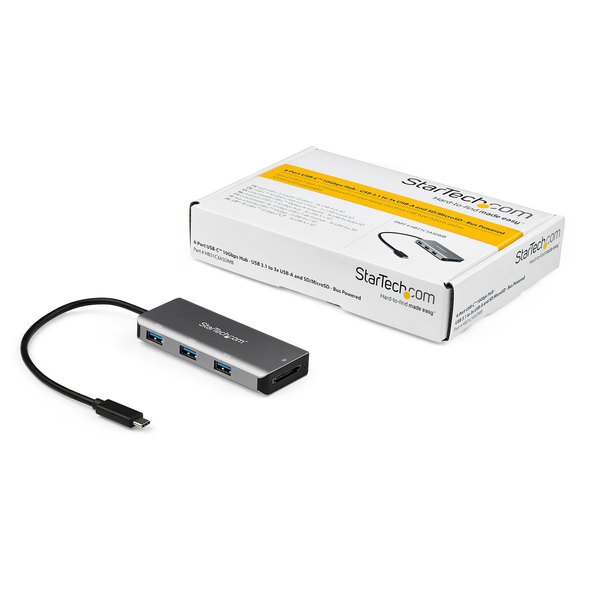 StarTech.com 3 Port 10Gbps USB C Hub with SD Card Reader - 3x USB-A & 1x SD Slot - Portable USB 3.2 Gen 2 Type C Adapter Hub - Laptop Hub - USB Bus Powered - Thunderbolt 3 Compatible - TAA