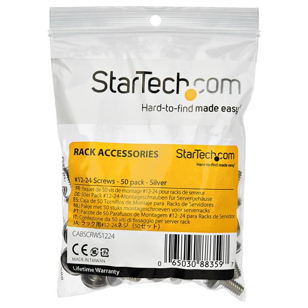 StarTech.com 50-Pack 12-24 12mm Nickel Plated Screws, Mounting Screws for 19" or 10" Server Racks, Cabinets and Enclosures, Designed for Rust Control, Silver - TAA