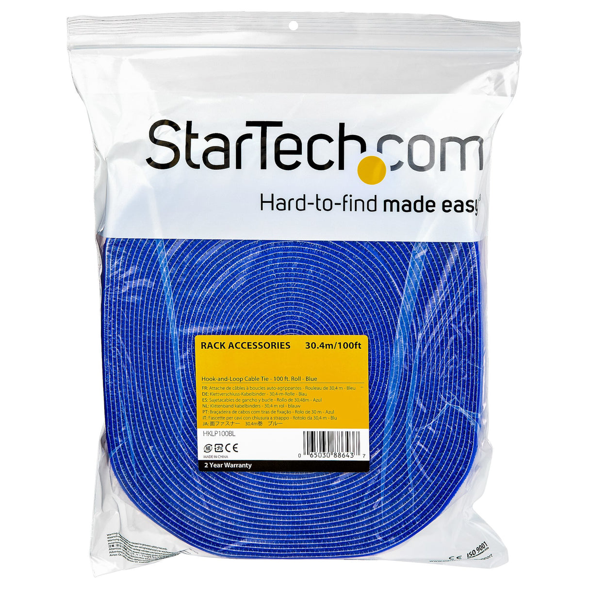 StarTech.com 100ft (30.5m) Hook and Loop Roll, Blue, Cut-to-Size Reusable Cable Ties, Bulk Industrial Wire Fastener Tape, Adjustable Fabric Wraps, Reusable Self Gripping Cable Management Straps
