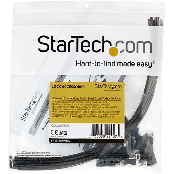 StarTech.com 20-Pack Security Cable Tethers for Adapters & Dongles - Universal Cable Adapter Tether - Tether Cable - Adjustable Length Anti-Theft Cable Tether Lock Kit - Steel - TAA