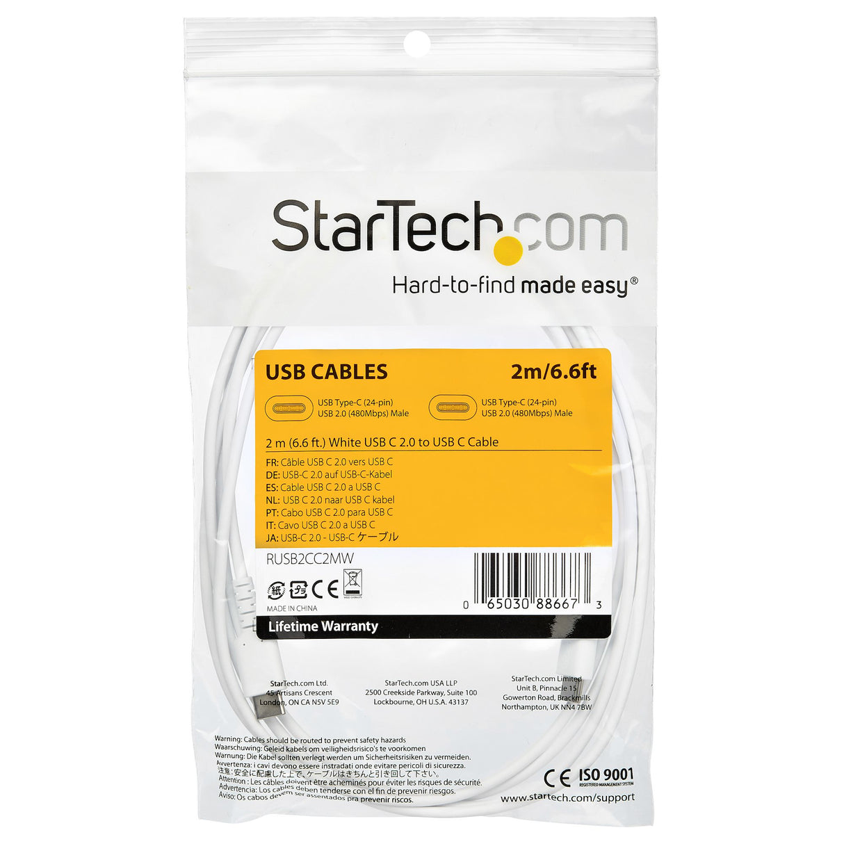 StarTech.com 6.6ft (2m) USB-C Fast Charging Cable, Rugged, Charge & Sync, 60W (3A) PD, USB 2.0, White TPE Jacket and Aramid Fiber - USB C Charging Cord