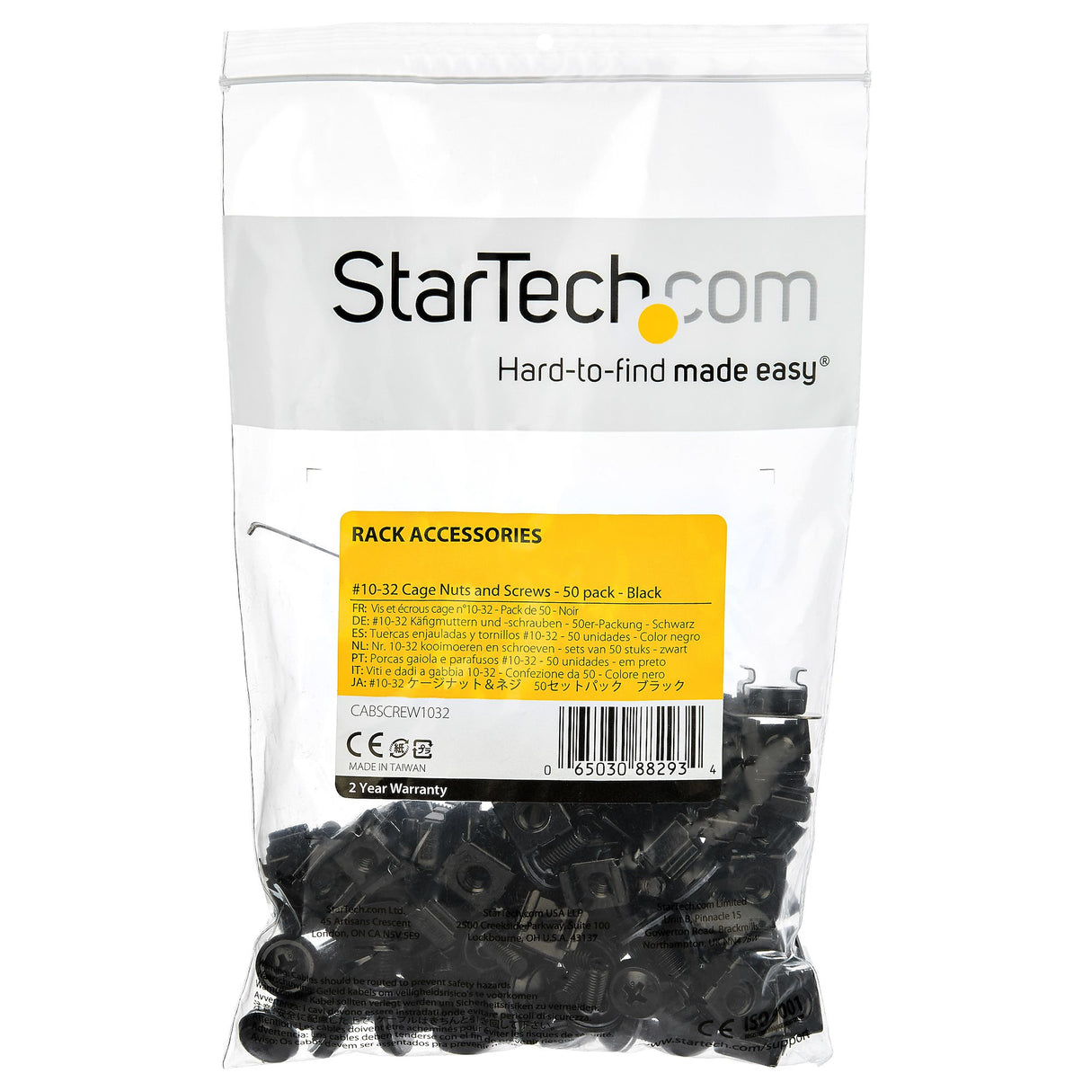 StarTech.com 50-Pack 10-32 12mm Screws, Washers and Square Hole Cage Nuts with Installation Tool, Hardware Mounting Kit for 19" or 10" Server Racks, Cabinets and Enclosures, Black - TAA