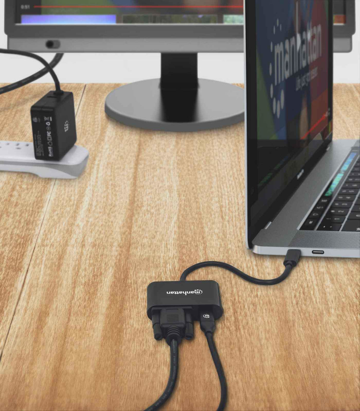 Manhattan USB-C to VGA and USB-C (inc Power Delivery), 1080p@60Hz, 19.5cm, Black, Power Delivery to USB-C Port (60W), Equivalent to CDP2VGAUCP, Male to Female, Lifetime Warranty, Retail Box