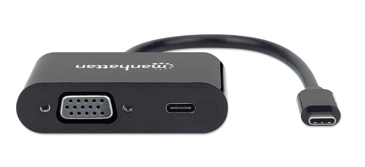 Manhattan USB-C to VGA and USB-C (inc Power Delivery), 1080p@60Hz, 19.5cm, Black, Power Delivery to USB-C Port (60W), Equivalent to CDP2VGAUCP, Male to Female, Lifetime Warranty, Retail Box