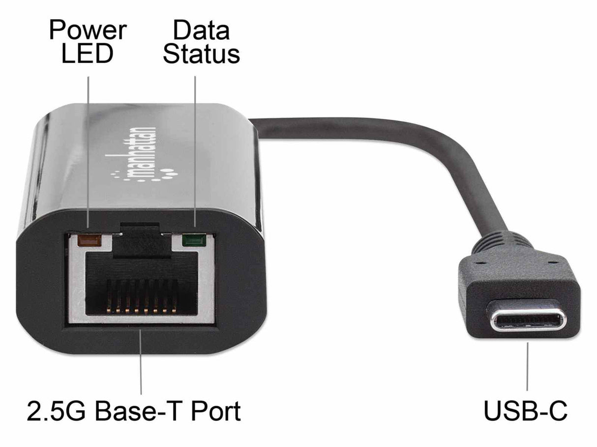Manhattan USB-C to 2.5GBASE-T Gigabit (10/100/1000 Mbps & 2.5 Gbps) RJ45 Network Adapter, Multi-Gigabit Ethernet, Black, Three Year Warranty, Equivalent to US2GC30
