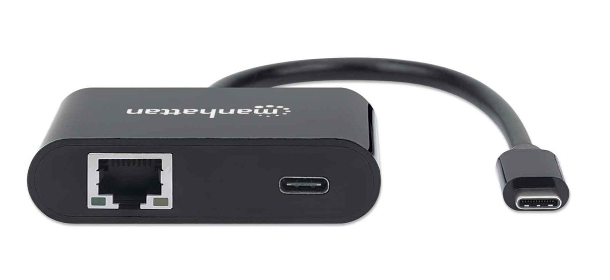 Manhattan USB-C to Gigabit Network and USB-C (inc Power Delivery), 19.5cm, Black, Ethernet RJ45 10/100/1000 Mbps, Power Delivery to USB-C Port (60W), Equivalent to US1GC30PD, Male to Females, Lifetime Warranty, Retail Box