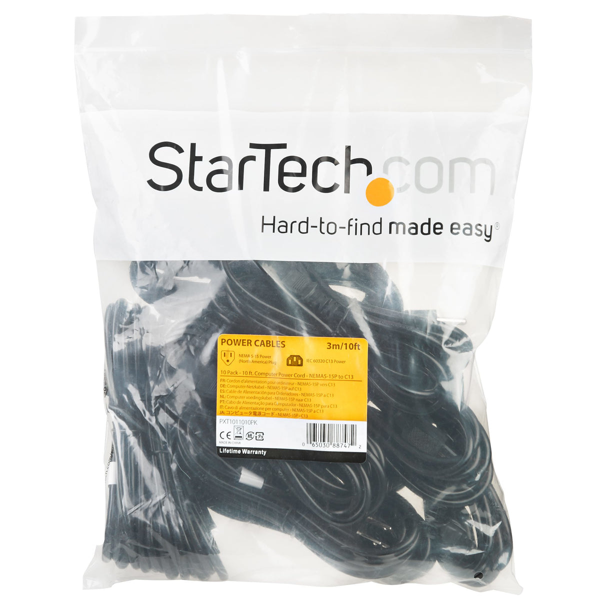 StarTech.com 10ft (3m) Computer Power Cord, NEMA 5-15P to C13, 10A 125V, 10 Pack, 18AWG, Black Replacement AC Power Cord, Printer Power Cord, PC Power Supply Cable, Monitor Power Cable - UL Listed