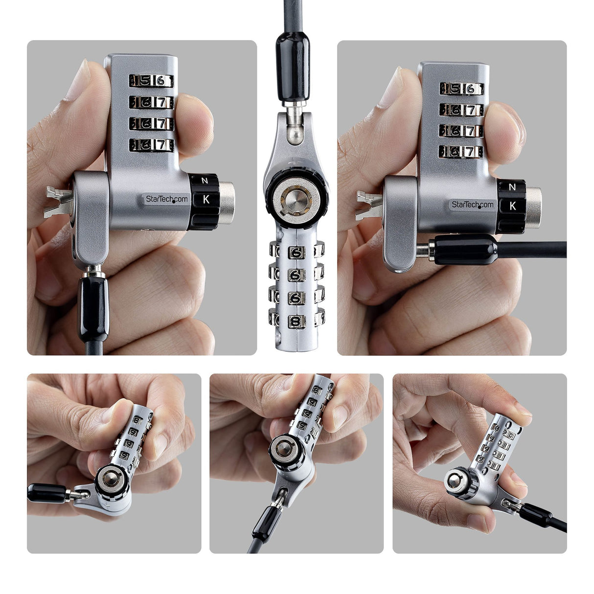 StarTech.com 10-Pack 3-in-1 Dual-Access Laptop Lock, 6.6ft (2m) Keyed Alike/Combination Security Cable Lock for Noble Wedge®/Nano/K-Slot; Anti-Theft, TAA