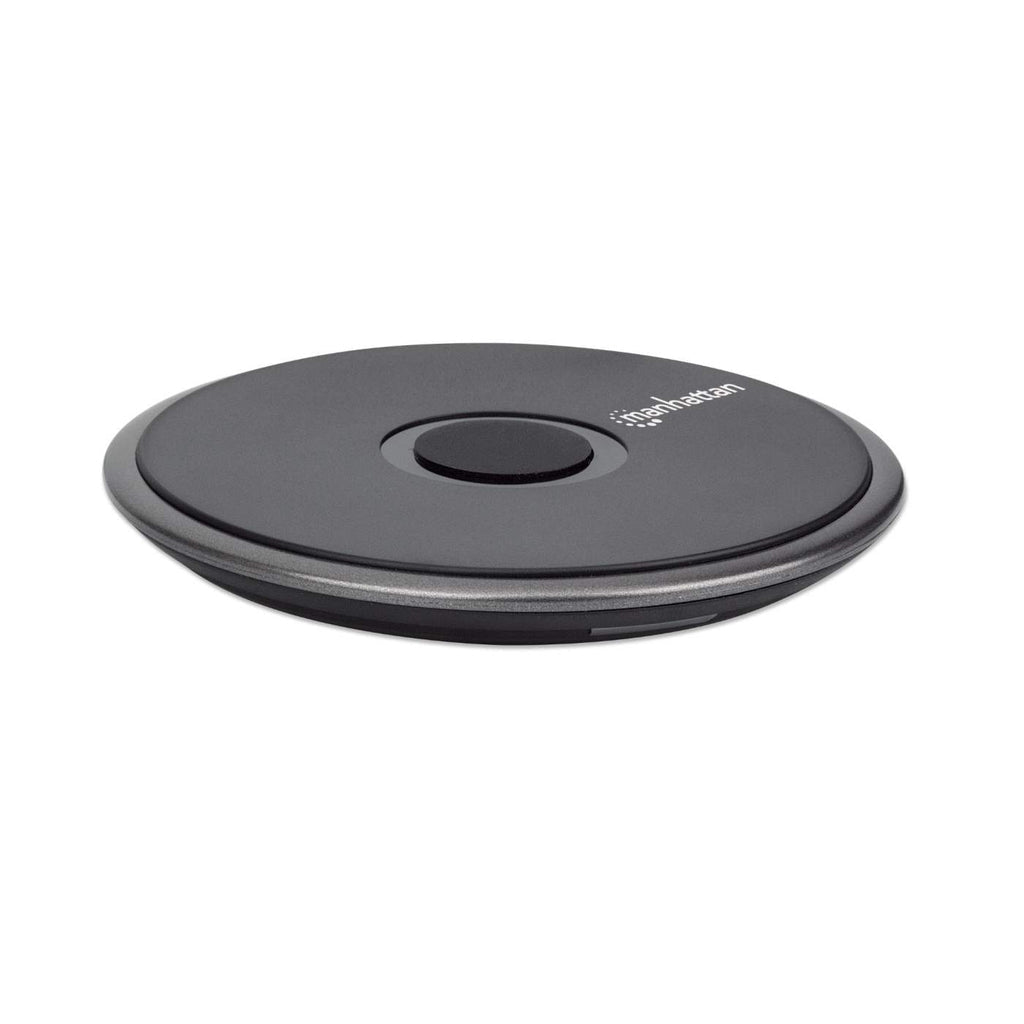 Manhattan Smartphone Wireless Charging Pad, QI certified, 10W, 7.5W and 5W charging, USB-C to USB-A cable included, USB-C input into pad, Cable 1.5m, Black, Three Year Warranty, Boxed