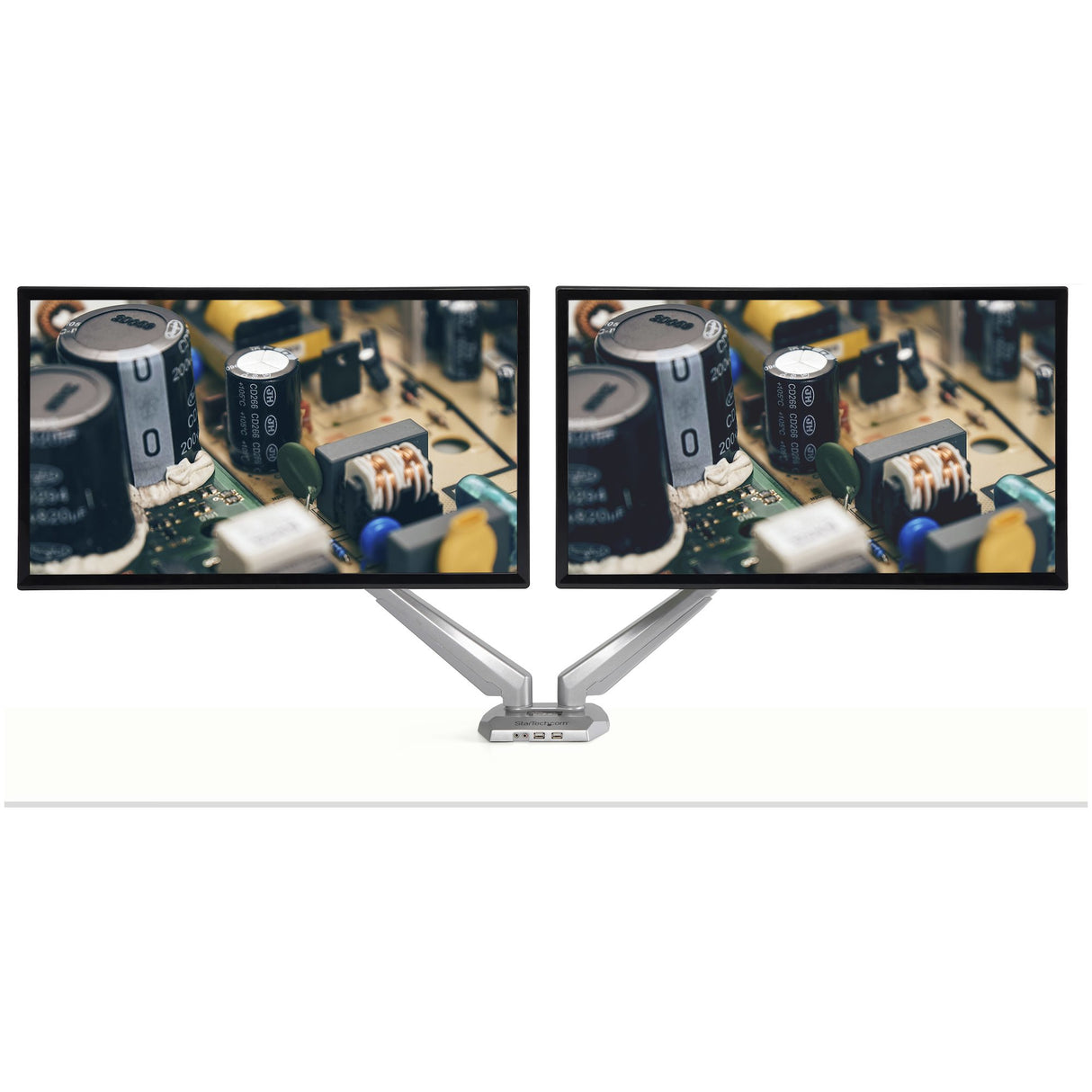 StarTech.com Desk Mount Dual Monitor Arm with USB & Audio, Desk Clamp VESA Mount for up to 32" (17.6lb/8kg) Displays, Ergonomic Full Motion Dual Monitor Arm - Silver