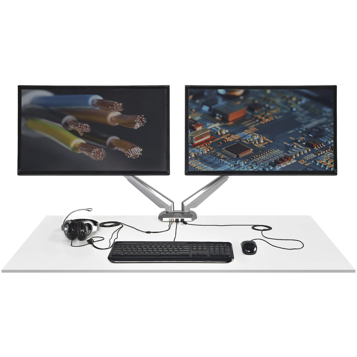 StarTech.com Desk Mount Dual Monitor Arm with USB & Audio, Desk Clamp VESA Mount for up to 32" (17.6lb/8kg) Displays, Ergonomic Full Motion Dual Monitor Arm - Silver