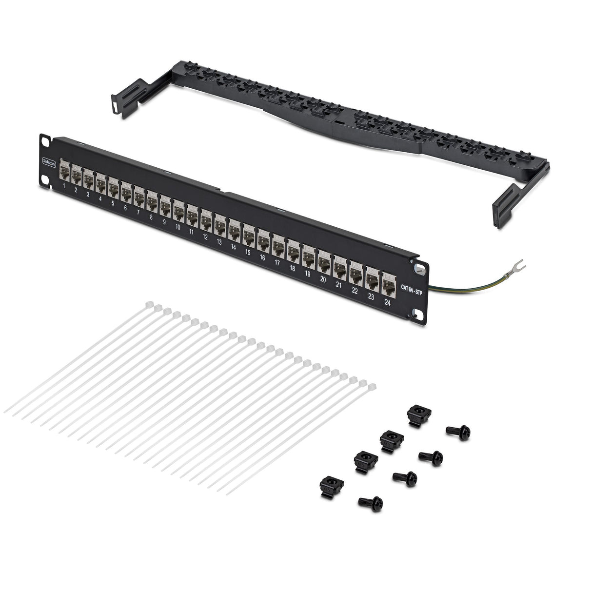 StarTech.com 24 Port 1U Feed Through Patch Panel with Cable Management Bar, Rackmount Shielded Cat6a Ethernet Patch Panel with RJ45 STP Inline Couplers