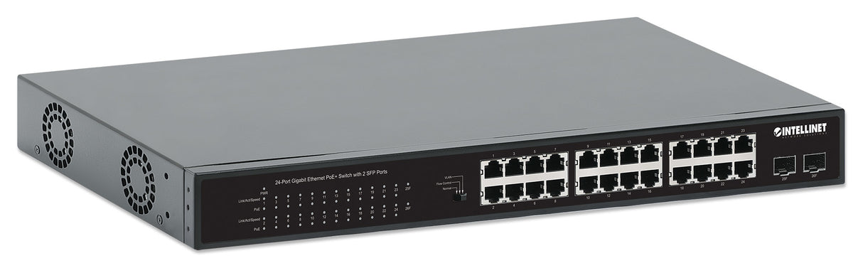 Intellinet 24-Port Gigabit Ethernet PoE+ Switch with 2 SFP Ports IEEE 802.3at/af (PoE+/PoE) Compliant, PoE Power Budget of 370 W, Two 1G SFP Open Slots, 19" Rackmount