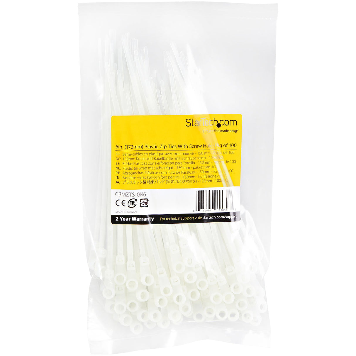StarTech.com 6"(15cm) Cable Ties with Mounting Hole - 1/8"(3mm) wide, 1-1/2"(40mm) Bundle Dia. 40lb(18kg) Tensile Strength, Nylon 66 Self Locking Ties w/Screw Hole, UL Listed, 100 Pack - TAA