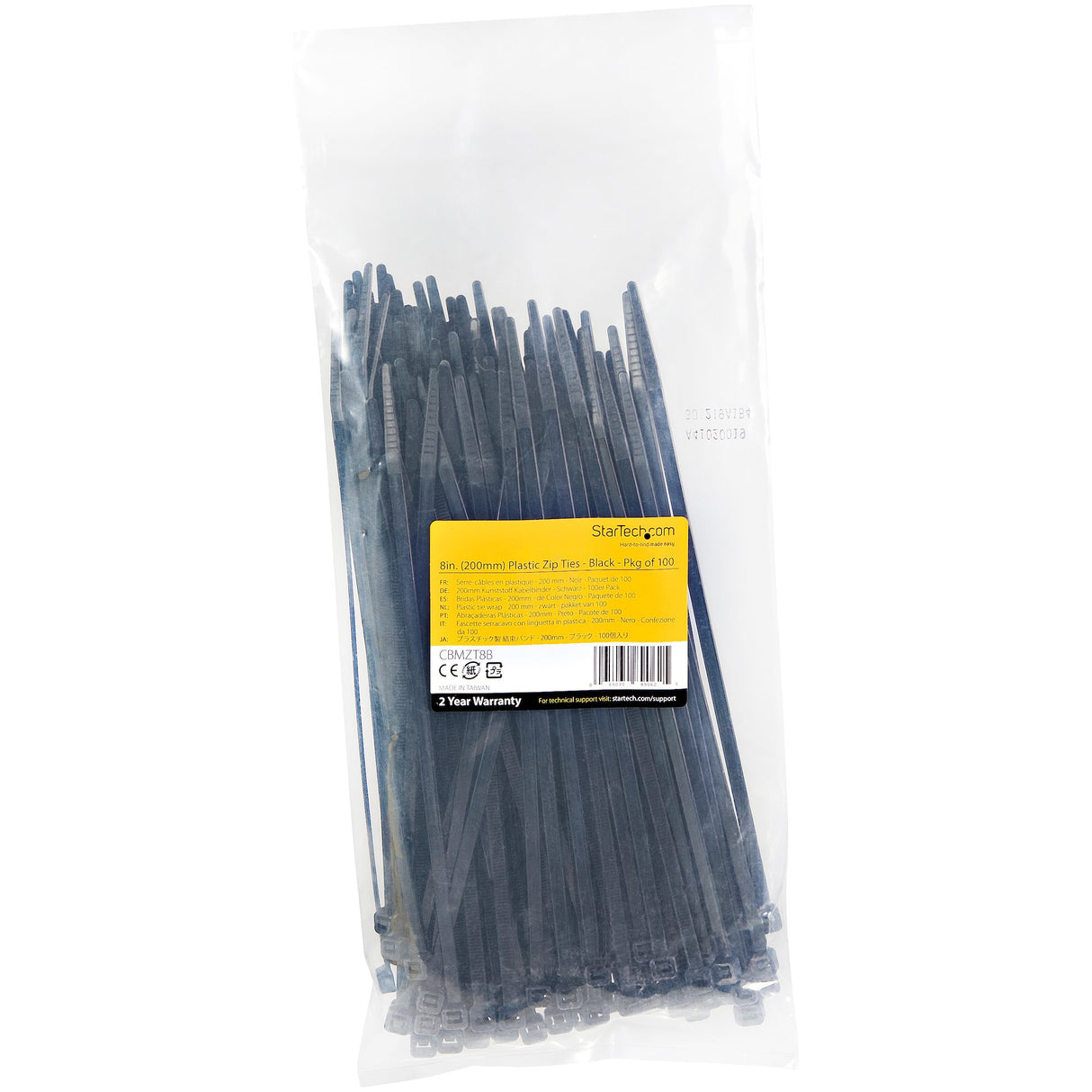 StarTech.com 8"(20cm) Cable Ties - 1/8"(4mm) wide, 2-1/8"(55mm) Bundle Diameter, 50lb(22kg) Tensile Strength, Nylon Self Locking Zip Ties with Curved Tip - 94V-2/UL Listed, 100 Pack - Black - TAA