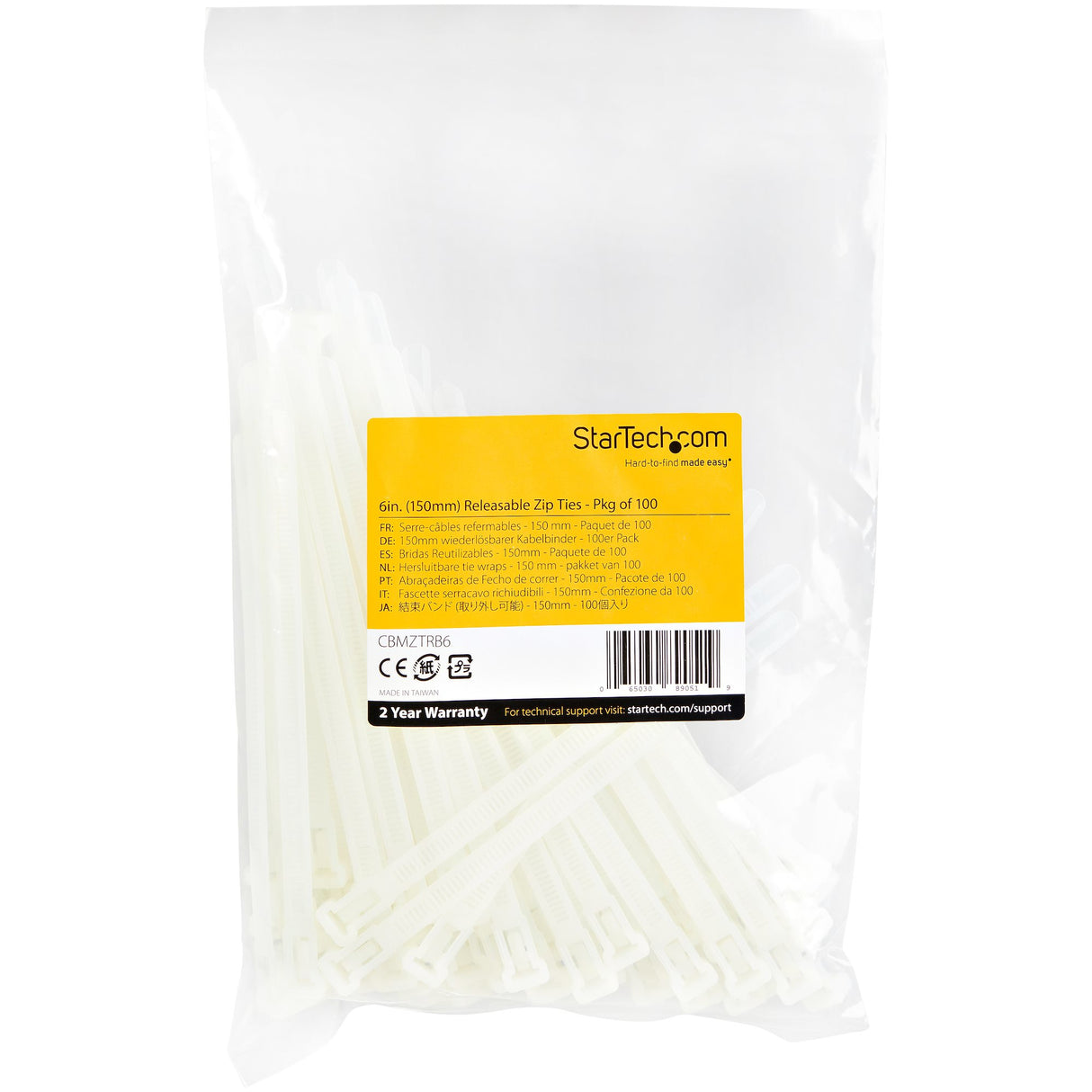 StarTech.com 6"(15cm) Reusable Cable Ties - 1/4"(7mm) wide, 1-3/8"(35mm) Bundle Dia. 50lb(22kg) Tensile Strength, Releasable Nylon Ties, Indoor/Outdoor, 94V-2/UL Listed, 100 Pack - White - TAA