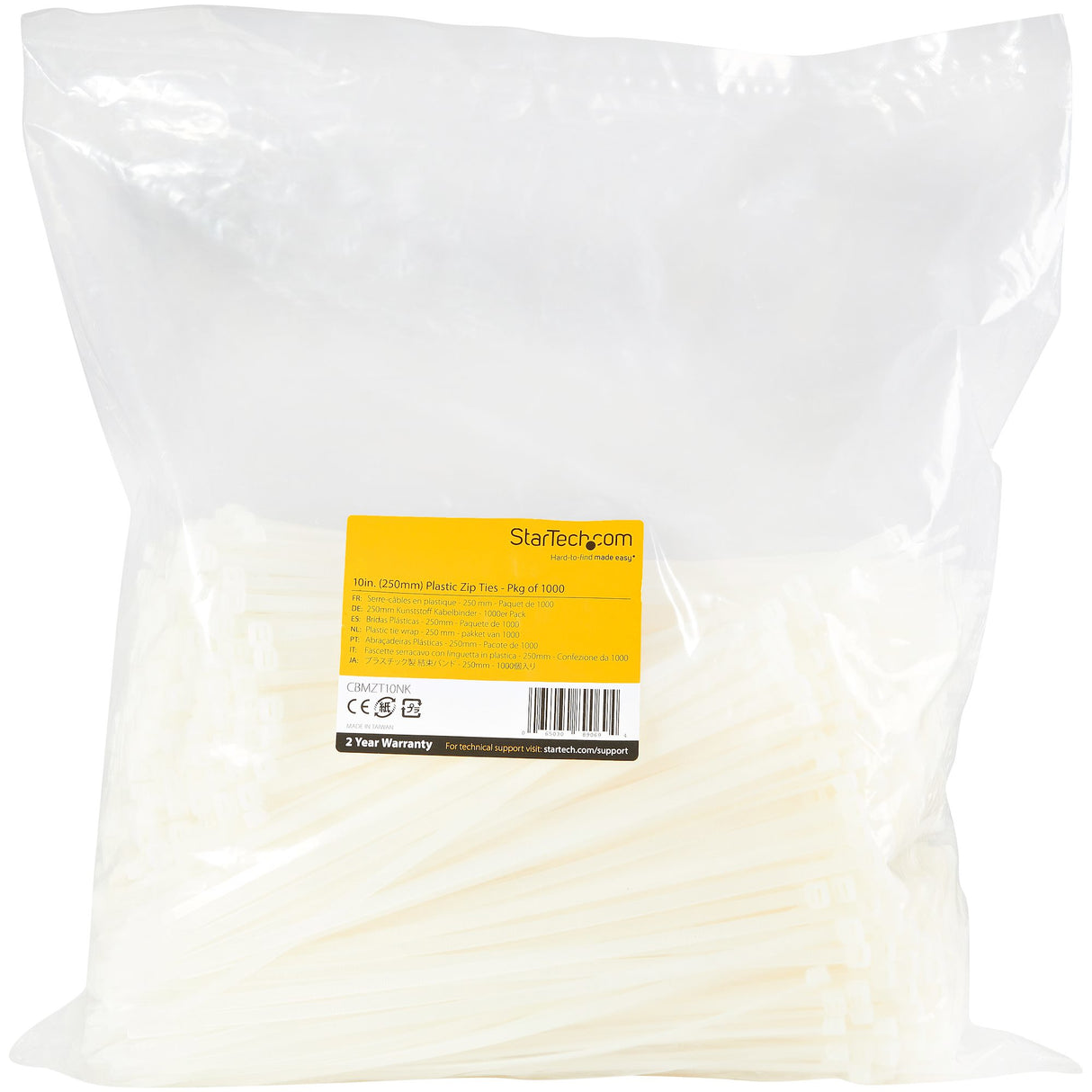 StarTech.com 10"(25cm) Cable Ties - 1/8"(4mm) wide, 2-5/8"(68mm) Bundle Diameter, 50lb(22kg) Tensile Strength, Nylon Self Locking Zip Ties w/Curved Tip, 94V-2/UL Listed, 1000 Pack - White - TAA