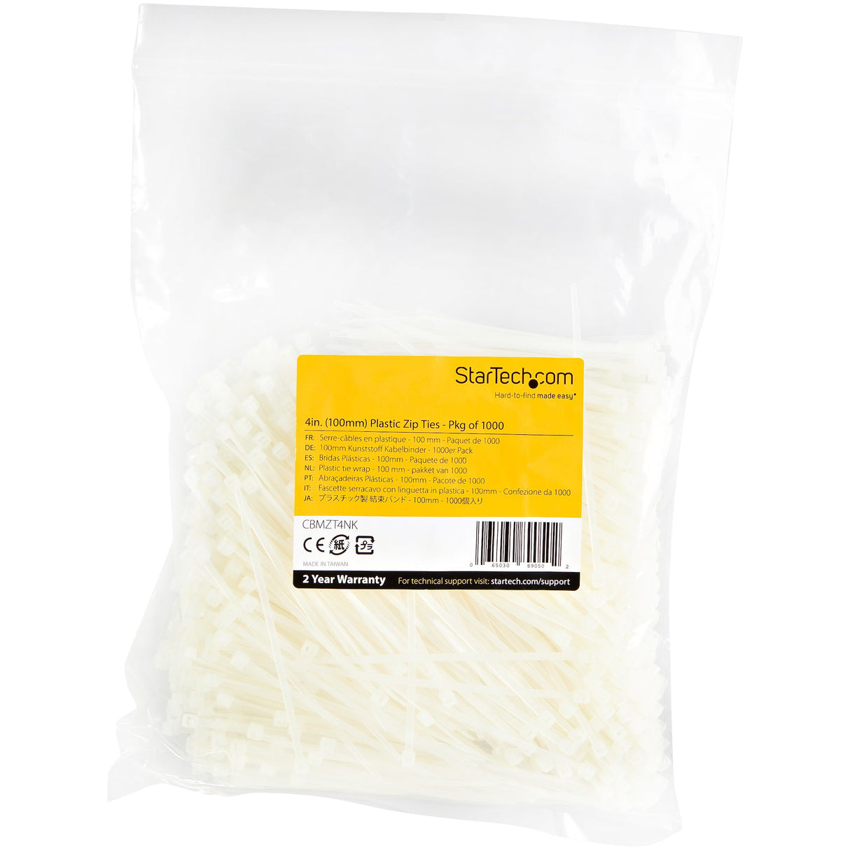 StarTech.com 4"(10cm) Cable Ties - 1/16"(2mm) wide, 7/8"(22mm) Bundle Diameter, 18lb(8kg) Tensile Strength, Nylon Self Locking Zip Ties with Curved Tip - 94V-2/UL Listed, 1000 Pack - White - TAA