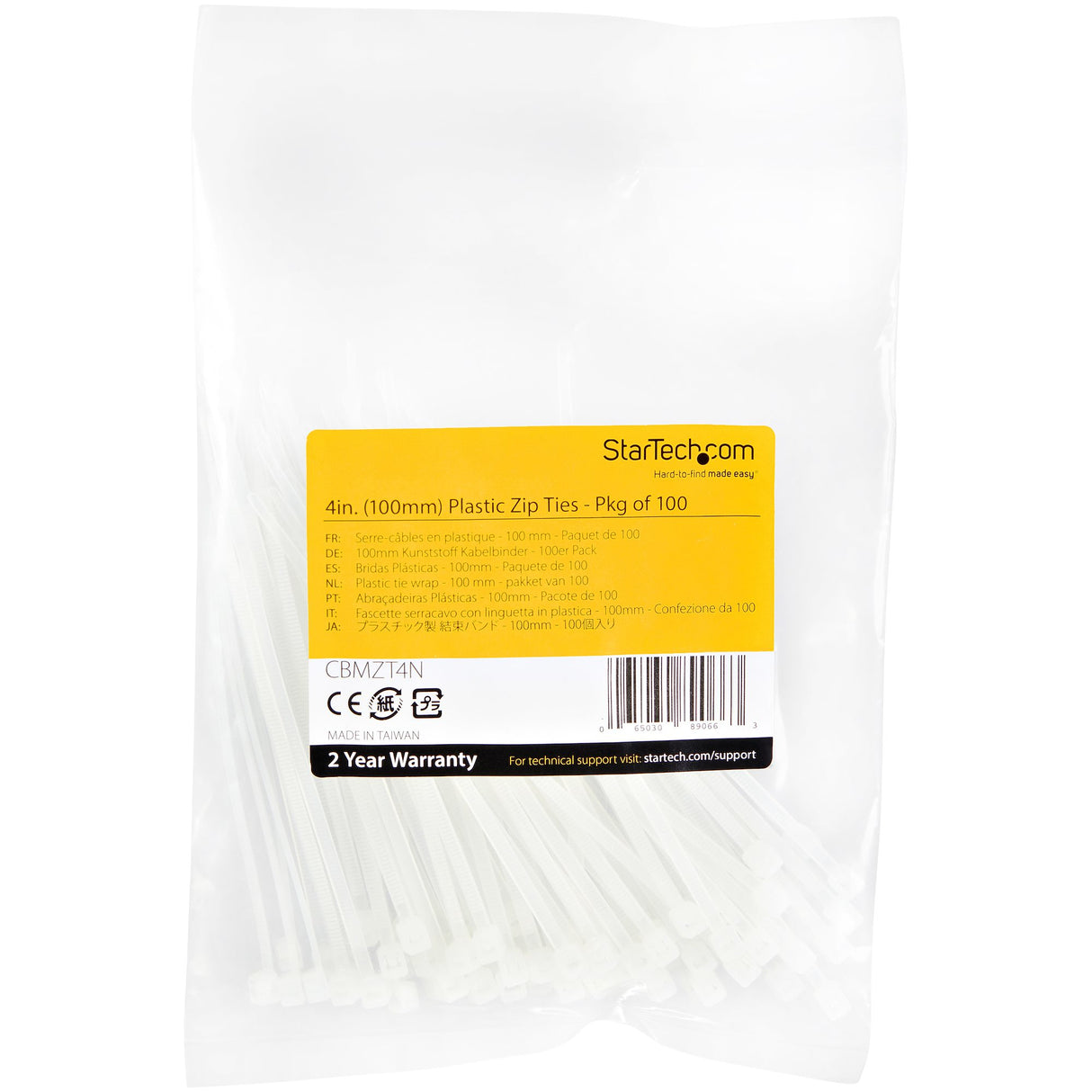StarTech.com 4"(10cm) Cable Ties - 1/16"(2mm) wide, 7/8"(22mm) Bundle Diameter, 18lb(8kg) Tensile Strength, Nylon Self Locking Zip Ties with Curved Tip - 94V-2/UL Listed, 100 Pack - White - TAA
