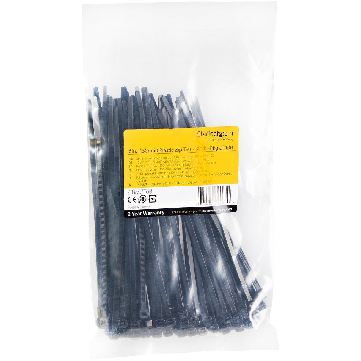 StarTech.com 100-Pack 6"(15cm) Cable Ties - 1/8"(3.6mm) wide, 1-3/8"(39mm) Bundle Diameter, 40lb(18kg) Tensile Strength, Nylon Self Locking Zip Ties with Curved Tip, UL Listed, Black - TAA