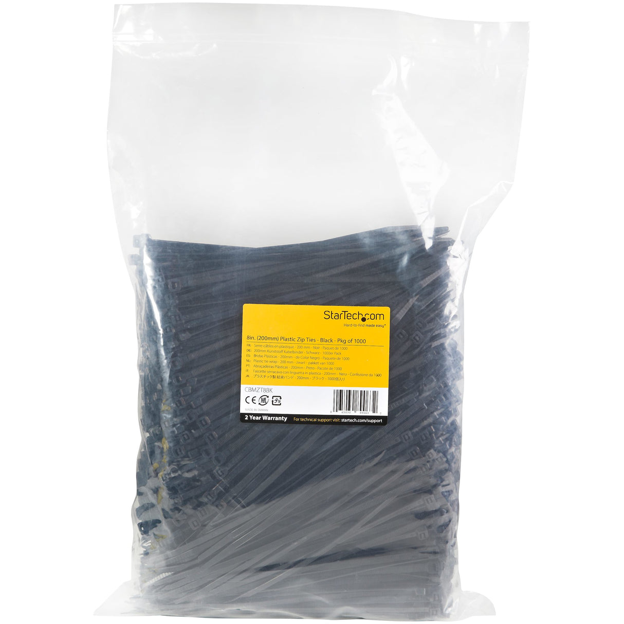 StarTech.com 8"(20cm) Cable Ties - 1/8"(4mm) wide, 2-1/8"(55mm) Bundle Diameter, 50lb(22kg) Tensile Strength, Nylon Self Locking Zip Ties w/ Curved Tip - 94V-2/UL Listed, 1000 Pack - Black - TAA