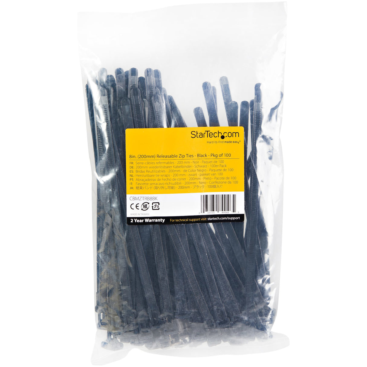 StarTech.com 8"(20cm) Reusable Cable Ties - 1/4"(7mm) wide, 1-7/8"(50mm) Bundle Dia. 50lb(22kg) Tensile Strength, Releasable Nylon Ties, Indoor/Outdoor, 94V-2/UL Listed, 100 Pack - Black - TAA