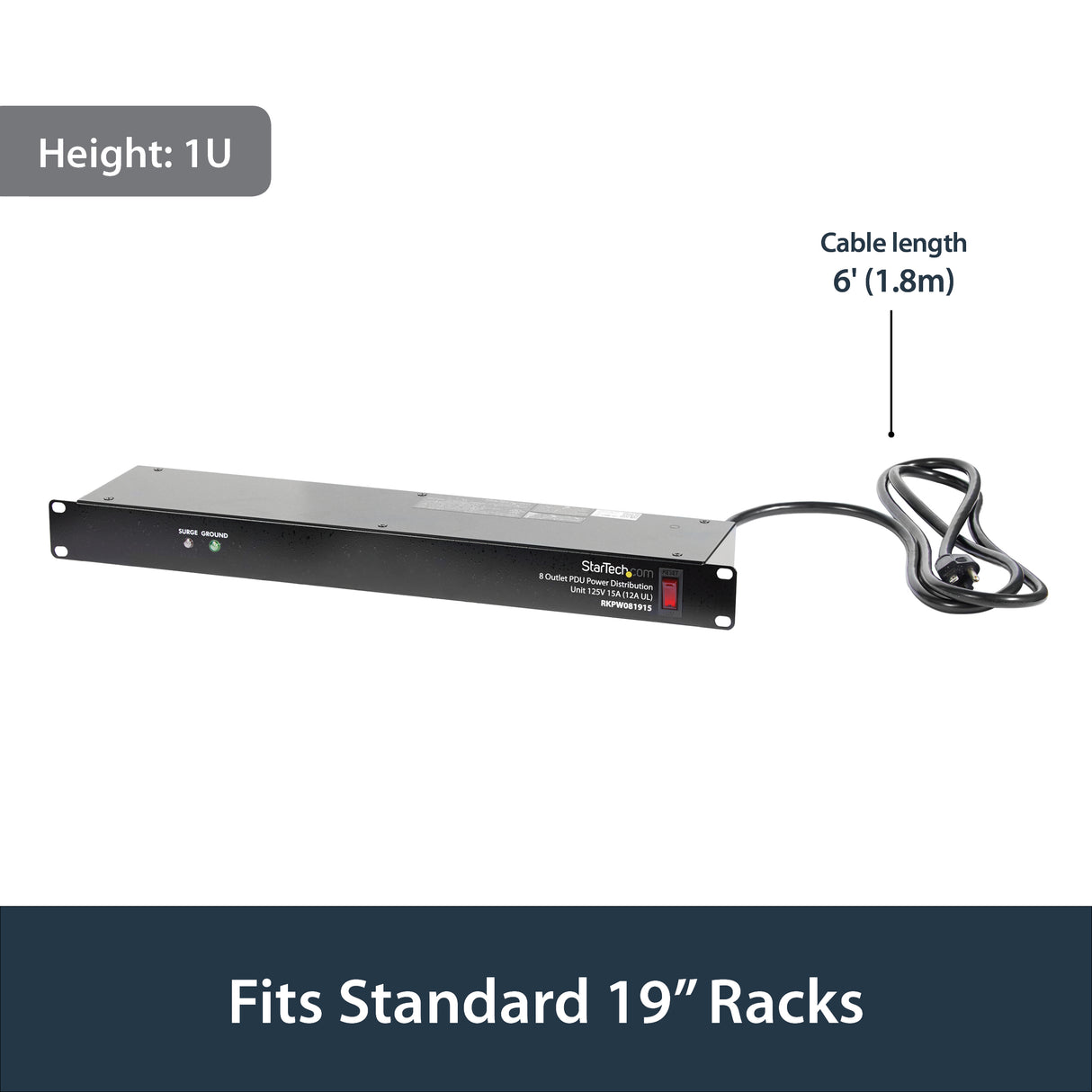 StarTech.com Rackmount PDU with 8 Outlets and Surge Protection - 1U