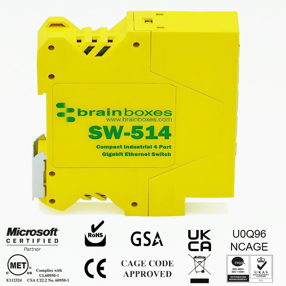 Brainboxes SW-514 network switch Unmanaged Gigabit Ethernet (10/100/1000) DIN rail Yellow