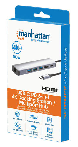 Manhattan USB-C Dock/Hub, Ports (x6): Ethernet, HDMI, USB-A (x3) and USB-C, with Power Delivery (PD) 100W- requires external USB-C charger (not included). USB powered (no external power supply required) when PD is not in use