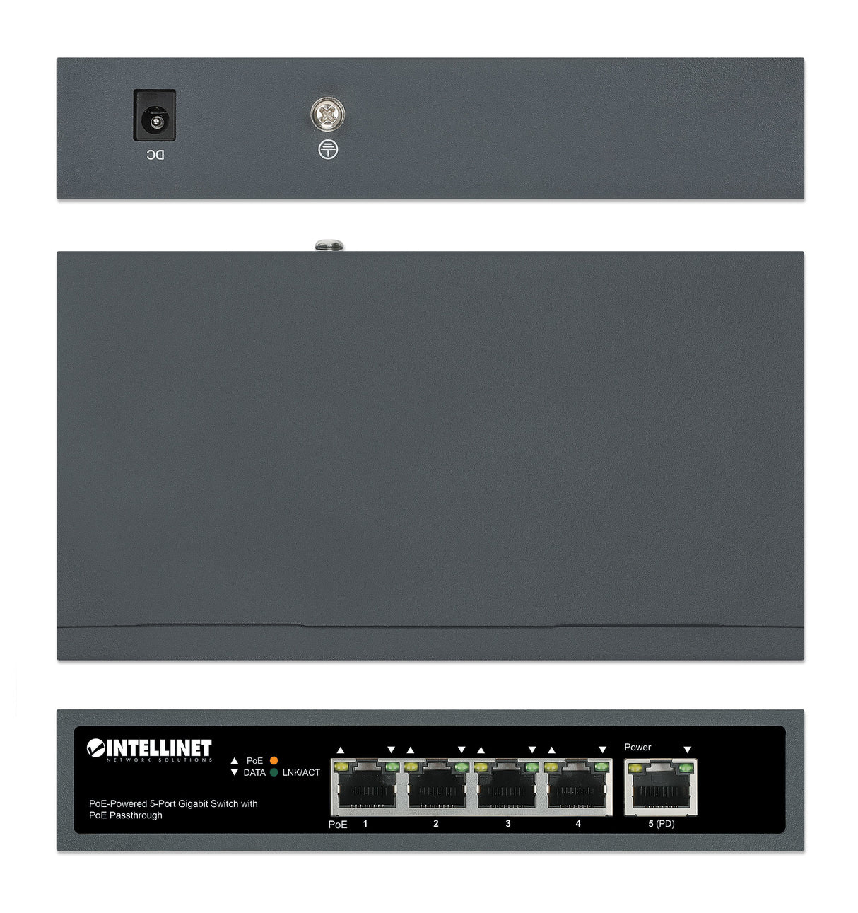 Intellinet 5-Port Gigabit Switch with PoE Passthrough, One IEEE 802.3bt (PoE++ / 4PPoE) PD PoE Port with 95 W Power Input, Four PSE PoE ports, PoE Power Budget up to 65 W, IEEE 802.3at/af Compliant Output, Desktop, Wall-mount Option
