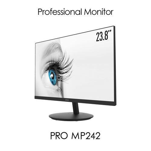 MSI Pro MP242 23.8 Inch Monitor, Full HD (1920 x 1080), 75Hz, IPS, 5ms, HDMI, VGA, Built-in Speakers, Anti-Glare, Anti-Flicker, Less Blue light, TÜV Certified, VESA, Kensington, Black